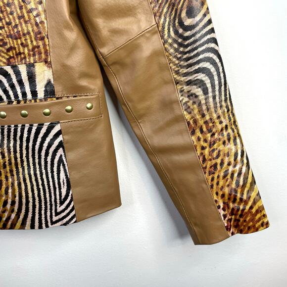 Sharif 1927 Tan Leather Mixed Animal Print Leather Mob Wife Moto Jacket womens S - Picture 4 of 14